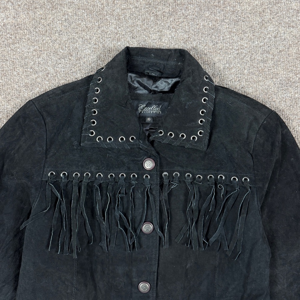 Vintage Excelled Collection Black Suede Leather Western Fringe Jacket Women’s XS - Picture 4 of 13